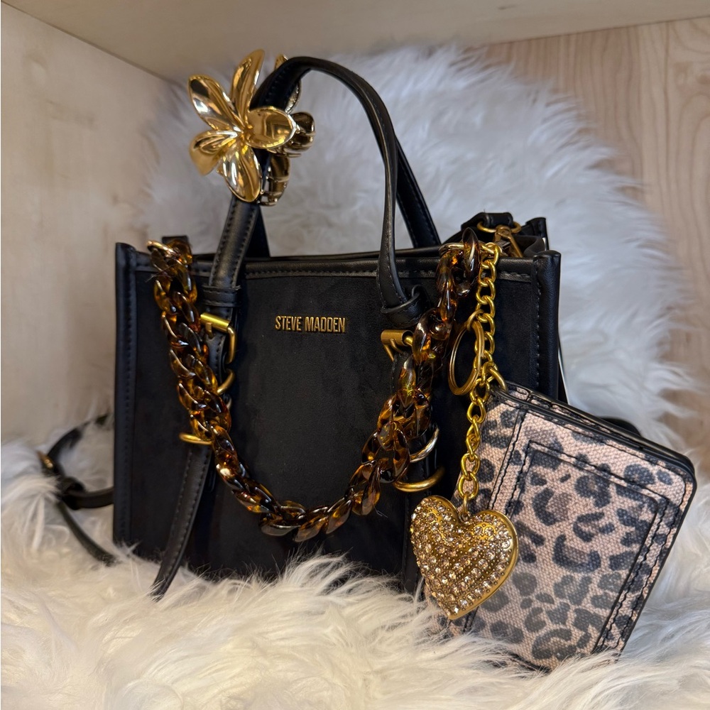 Steve Madden 🐆 Fall Mini Tote Leopard Wallet+ Heart Charm+ Claw Clip + Bag Chain